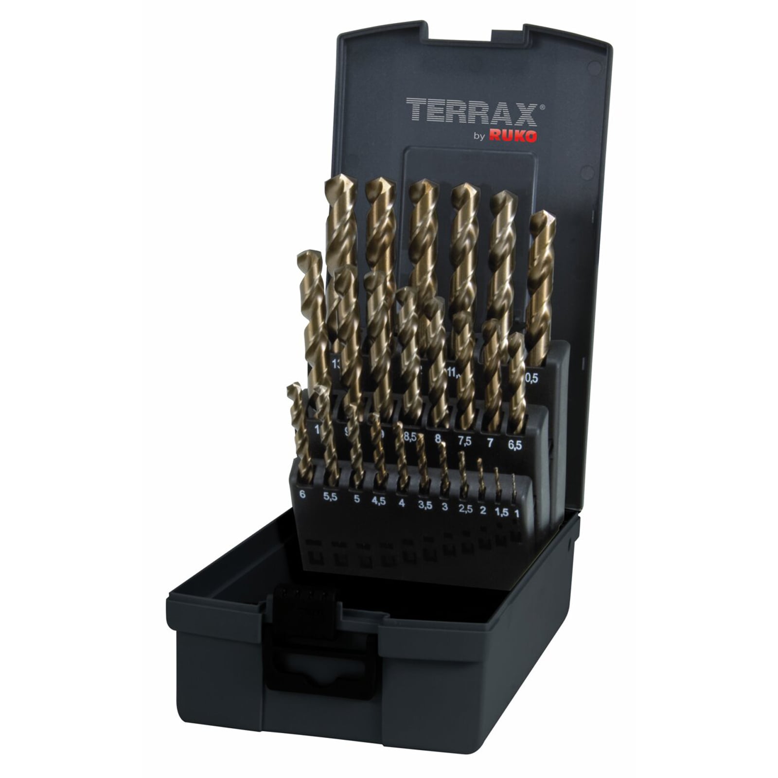 TERRAX by RUKO Spiralbohrer-Satz DIN 338 Typ VA HSSE-Co 5 - 25 tlg. (Kassette Kunststoff) - A215215RO
