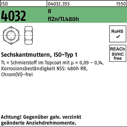 Sechskantmutter ISO 4032 M8 8 zinklamellenbes. Gleitm. flZnnc 480h-L 1000 Stück