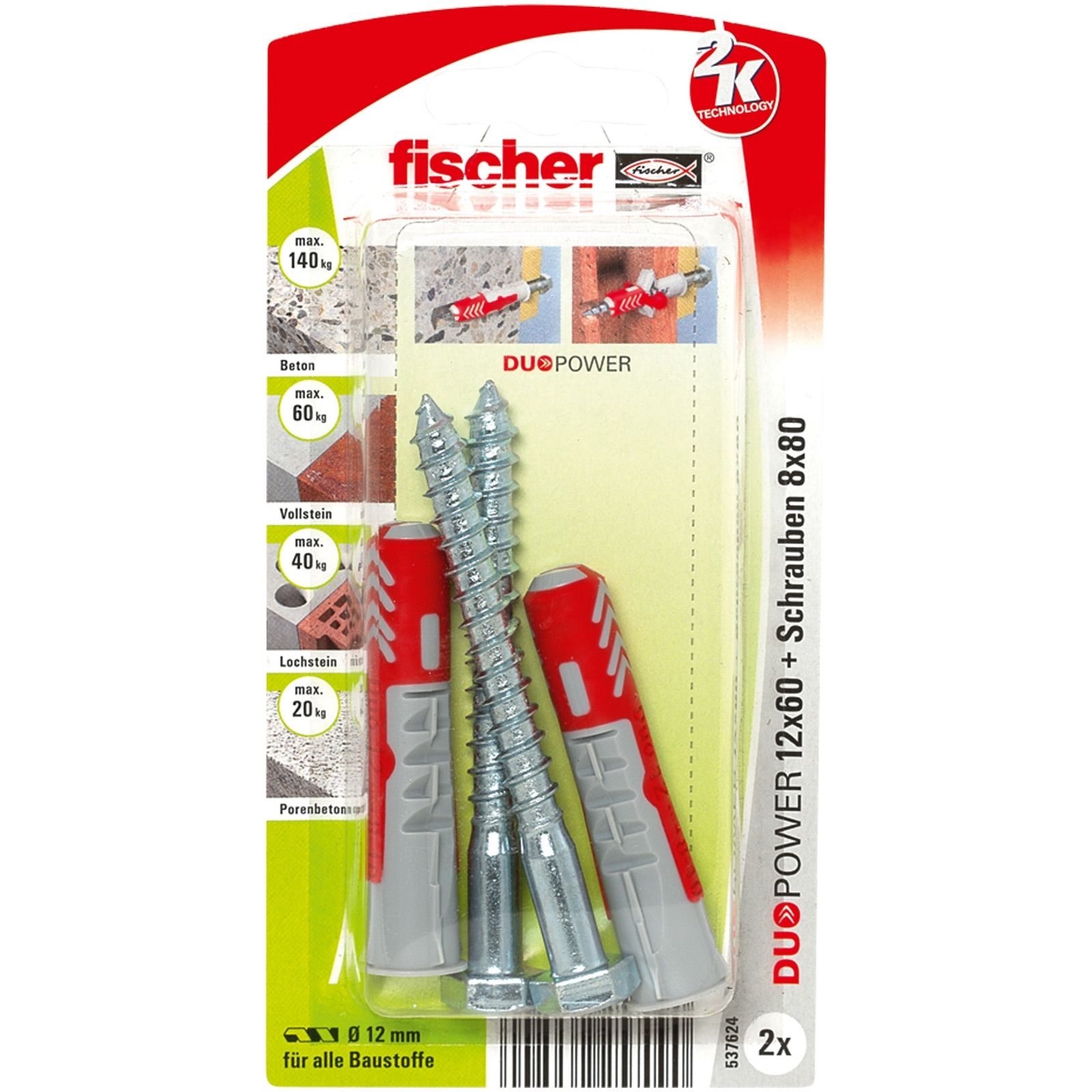 Fischer 2x DUOPOWER 12x60 S mit Schraube - 537624