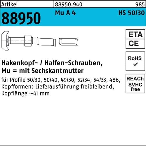 Hammerkopfschraube R 88950 Typ 50/30 6-ktmutter M12x 30 Mu A 4 25St. HALFEN
