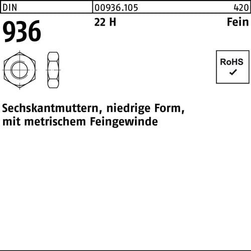 Sechskantmutter DIN 936 M22x 1,5 22 H 50 Stück