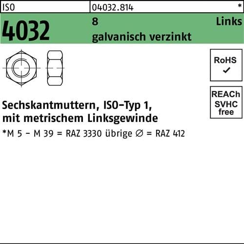 Sechskantmutter ISO 4032 links M10 8 galv.verz. 100 Stück