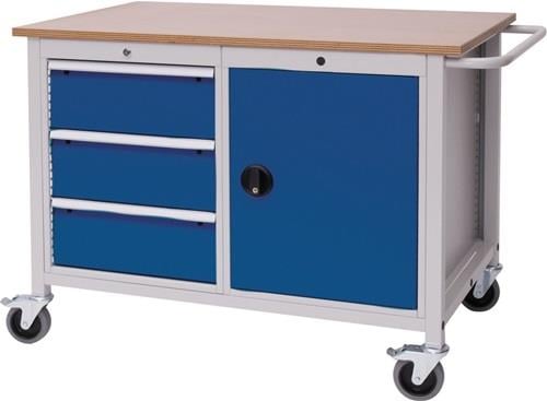 Werkbank B1250xT750xH935mm Buche Multiplex lichtgrau/signalblau 3 Schubl.1 Tür - 04.12.14V-7035/5005