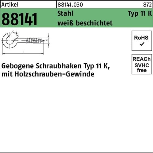 Schraubhaken R 88141 Typ 11 K gebogen 25x 2,3x 8 Stahl weiß beschichtet 100St.