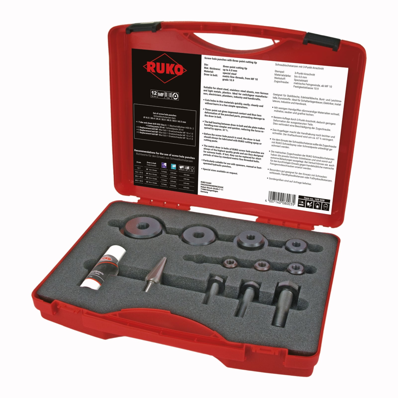 RUKO Schraublochstanzen-Satz im Kunststoffkoffer - 12 tlg. - 109008