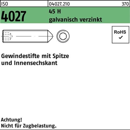 Gewindestift ISO 4027 Spitze/Innen-6kt M3x3 45 H galv.verz. 1000St.