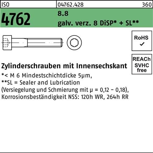 Zylinderschraube ISO 4762 Innen-6kt M16x180 8.8 galv.verz. 8 DiSP+SL 25St.