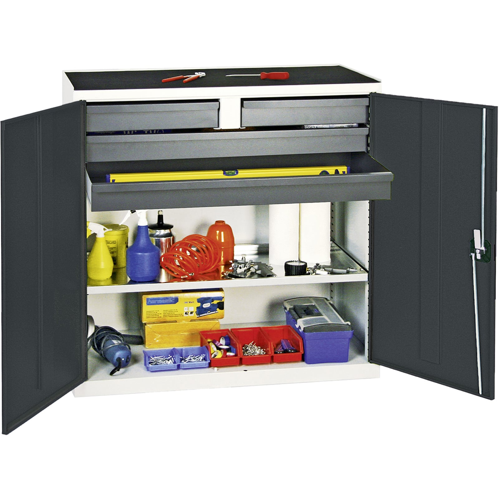 Stumpf Werkzeug- und Materialschrank Serie 3000 lichtgrau / anthrazitgrau + 2 Schubladen 100 mm + 2 Schubladen 100 mm durchgehend + 1 Auszugsboden - 3007471