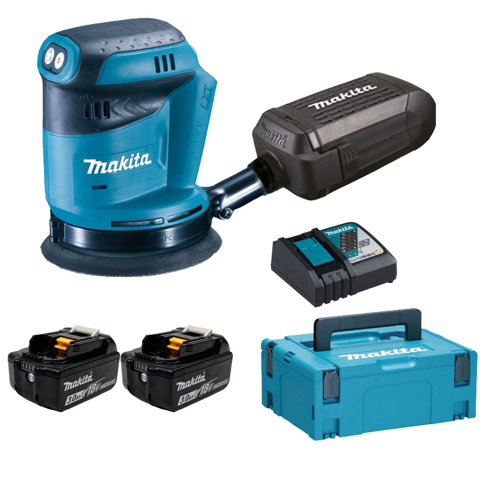 Makita DBO180RFJ Akku-Exzenterschleifer 18 V / 2x 3,0 Ah Akku + Ladegerät im Makpac