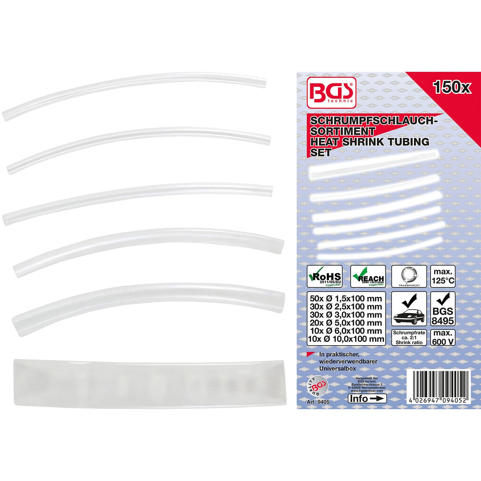 BGS Schrumpfschlauch-Sortiment transparent 150tlg. - 9405