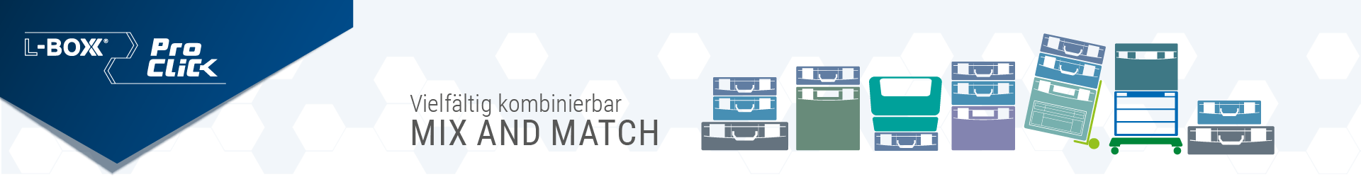 ProClick Boxen für Werkzeuge und Materialien Verschiedene Boxen im ProClick-Design als Hexagon