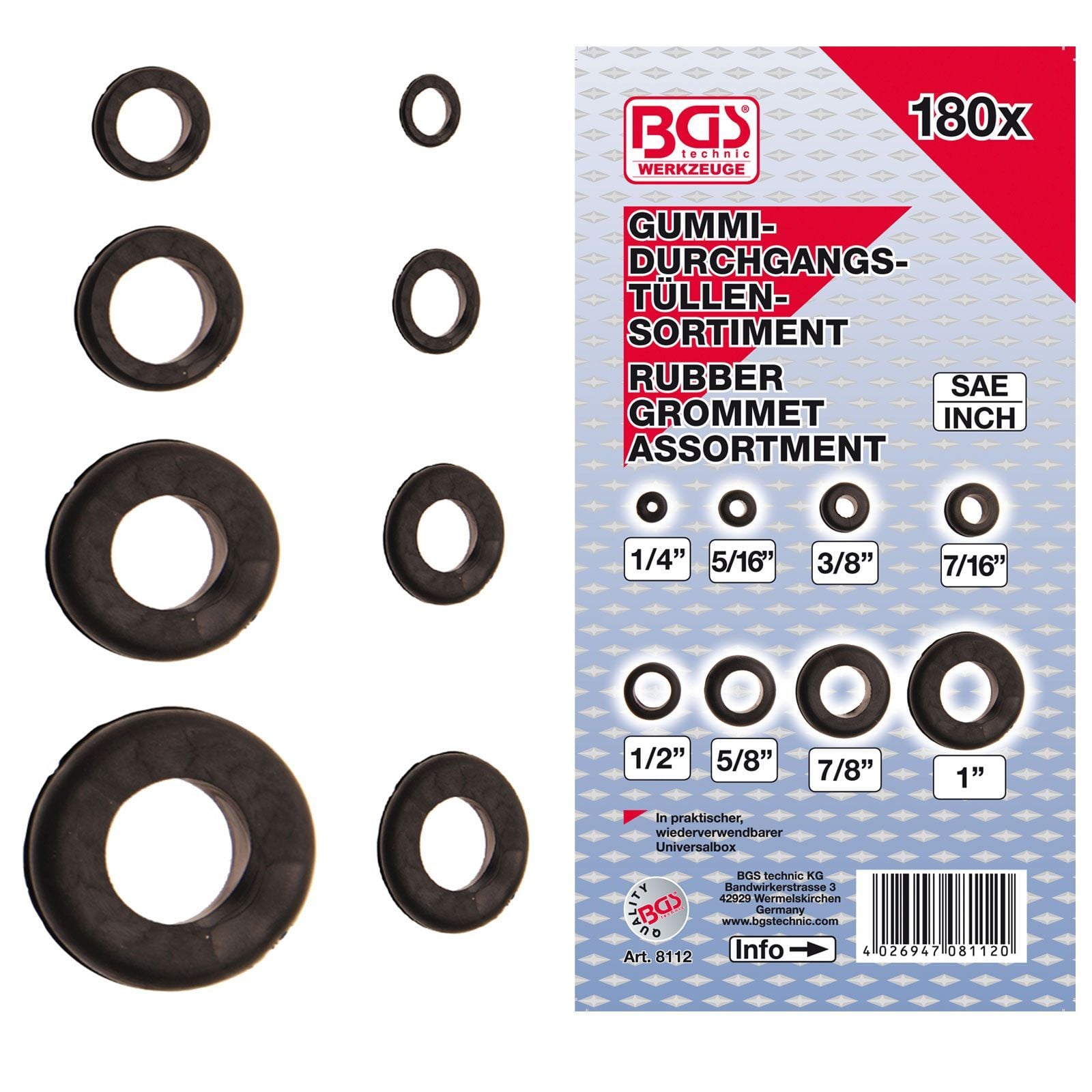 BGS 180tlg. Gummi-Durchgangstüllen-Sortiment - 8112