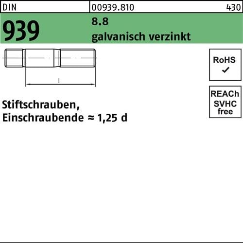 Stiftschraube DIN 939 M10x55 8.8 galv.verz. Einschraubende=1,25d 50St.