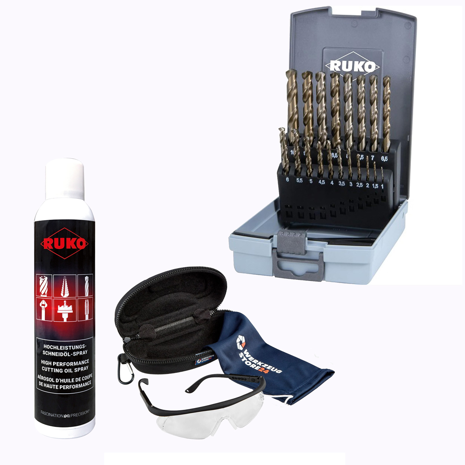 RUKO Spiralbohrer-Satz HSSE-Co 5, 19tlg., 1–10 mm, DIN 338 Typ VA inkl. Spray & Schutzbrille - WZS215214RO