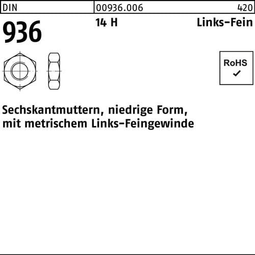 Sechskantmutter DIN 936 links M10x 1 -LH 14 H 100 Stück