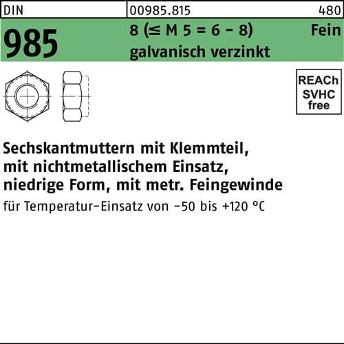 Sechskantmutter DIN 985 Klemmteil M8x1 8 (=M 5 = 6/8 ) galv.verz. 500St.