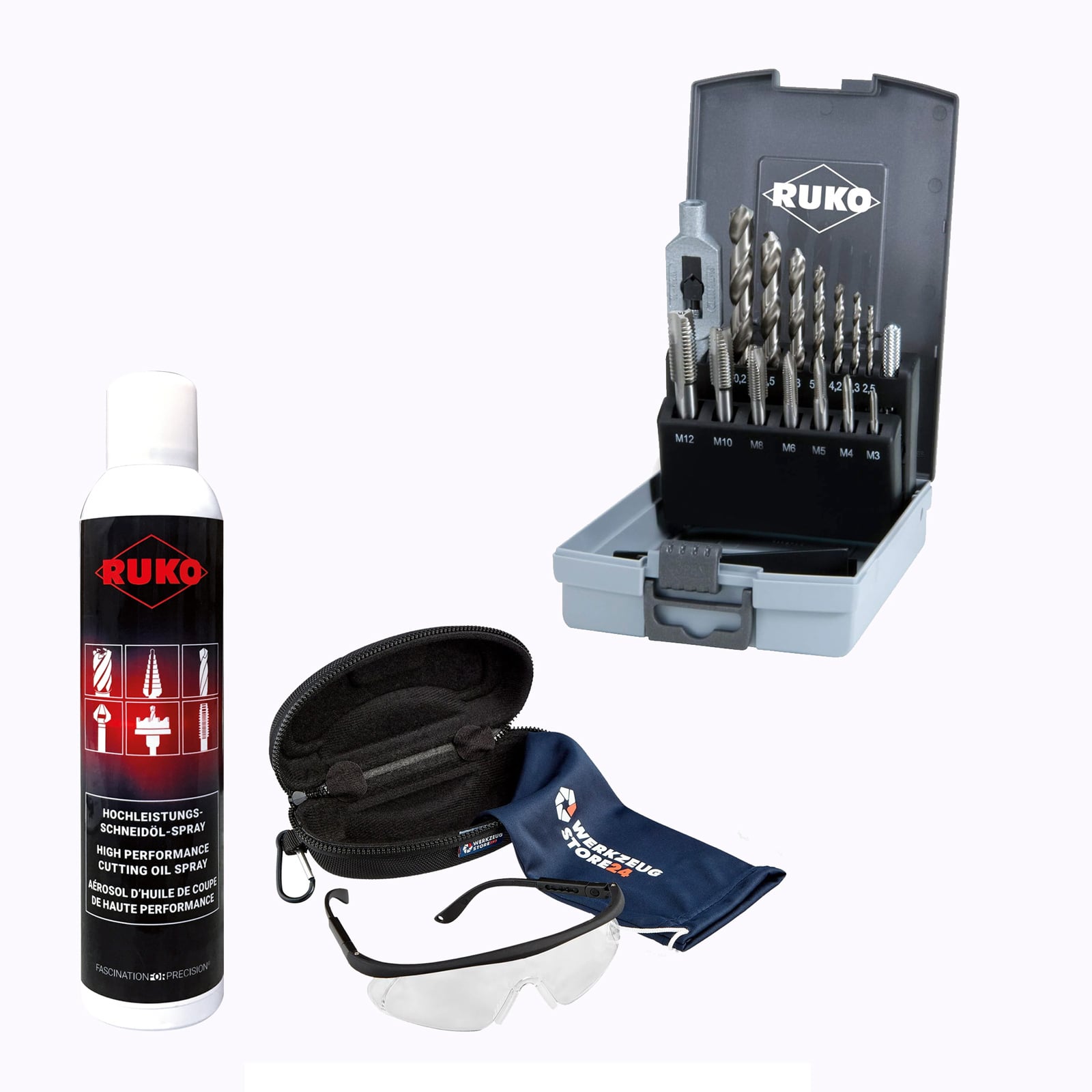 RUKO Einschnittgewindebohrer-Satz HSS, 6tlg., M3–M10 inkl. Spray & Schutzbrille - WZS245004RO