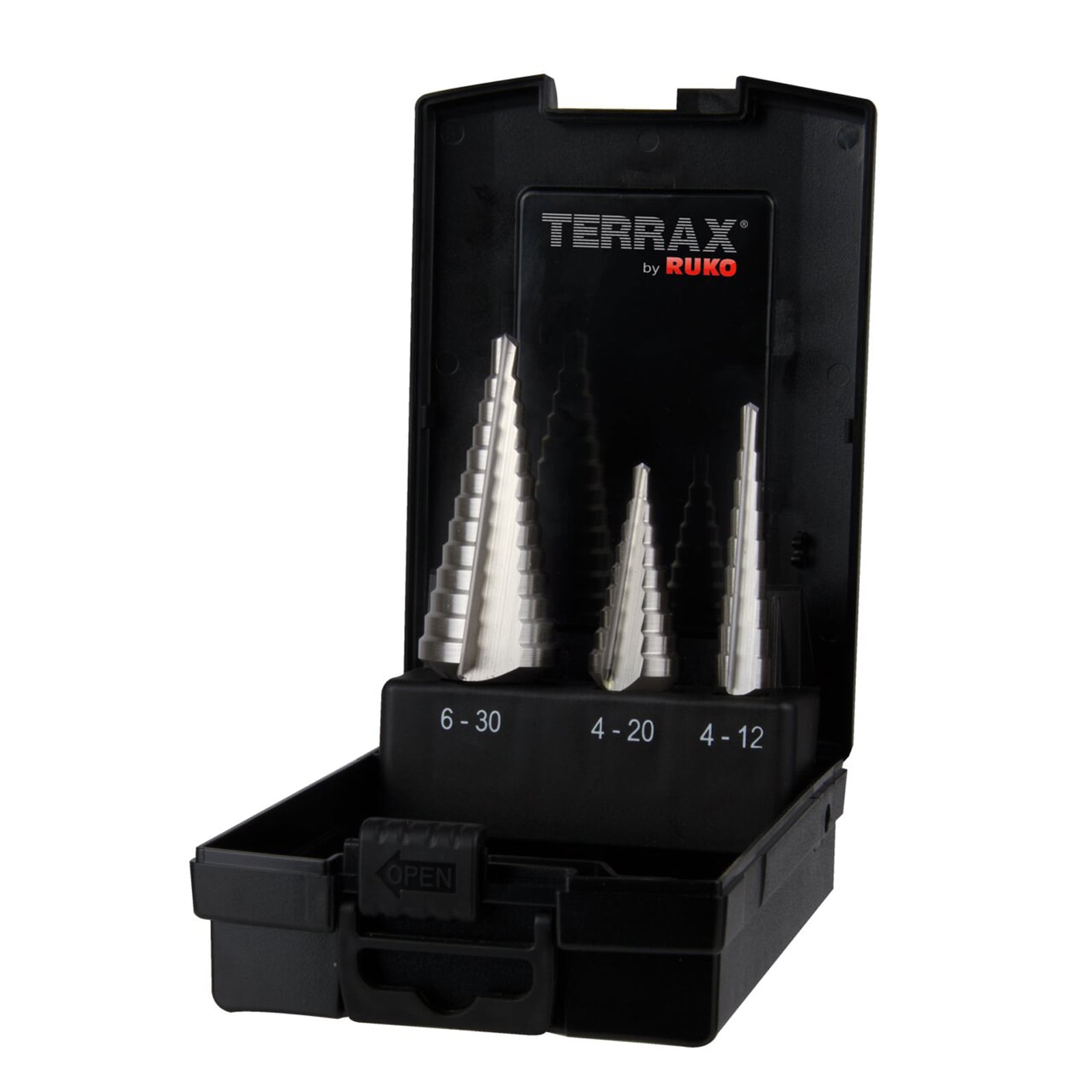 TERRAX by RUKO Stufenbohrer-Satz HSS, gerade Nut - 3 tlg. (Kassette Kunststoff) - A101126RO
