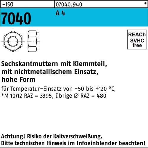 Sechskantmutter ISO 7040 Klemmteil M10 A 4 100 Stück