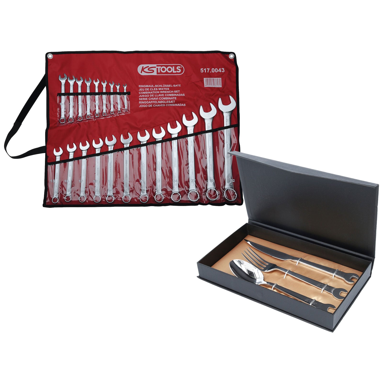 KS TOOLS Ringmaulschlüssel-Satz abgewinkelt 21tlg. 6 - 32 mm + GRATIS Besteck-Set 3tlg.