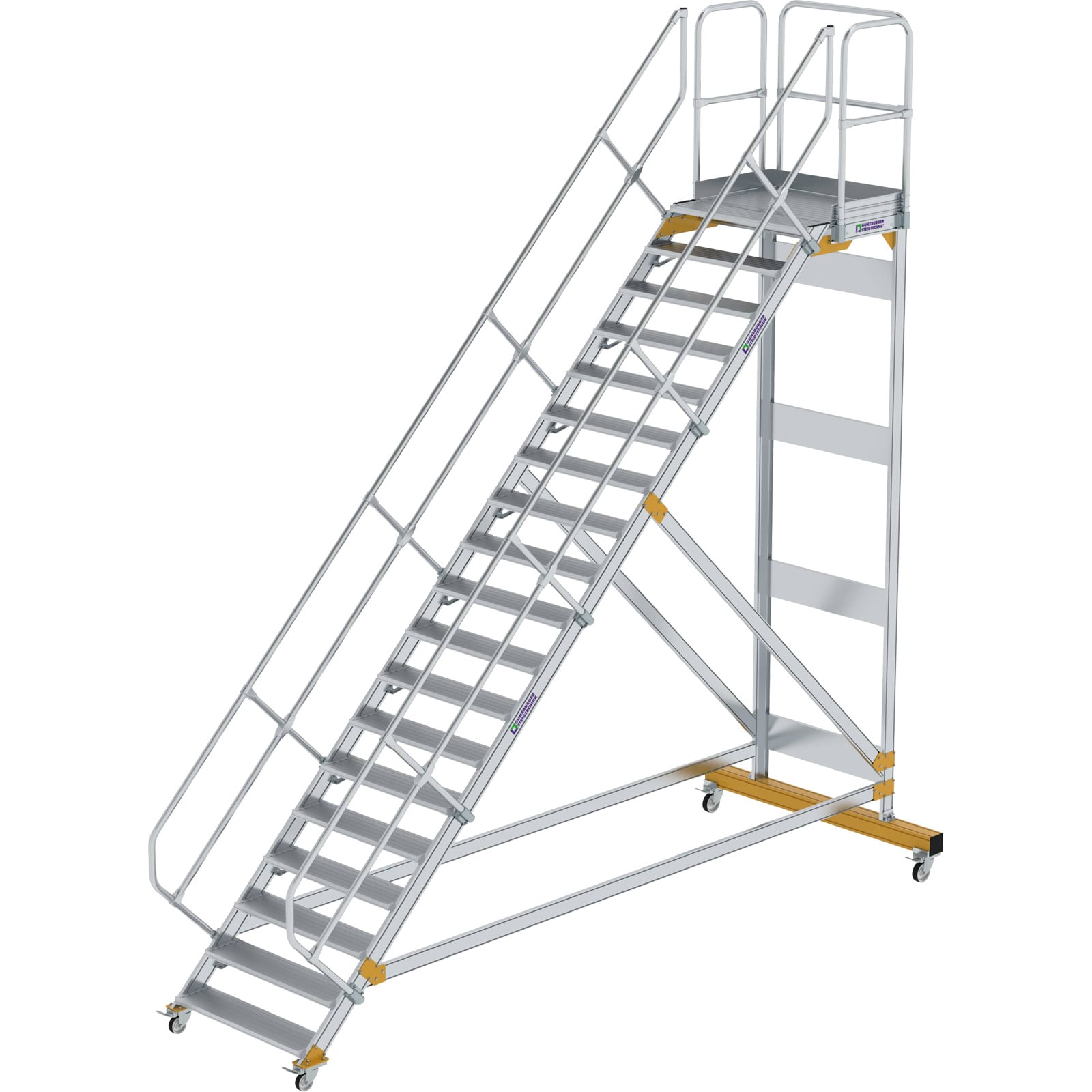 Günzburger Steigtechnik Plattformtreppe 45° fahrbar Stufenbreite 1 m 19 Stufen Aluminium geriffelt - 600819