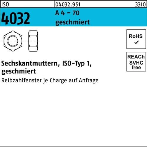 Sechskantmutter ISO 4032 M16 A 4 - 70 geschmiert 50 Stück
