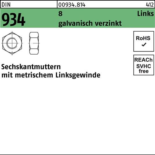 Sechskantmutter DIN 934 links M4 -LH 8 galv.verz. 100 Stück