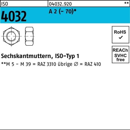 Sechskantmutter ISO 4032 M6 A 2 (- 70) 1000 Stück