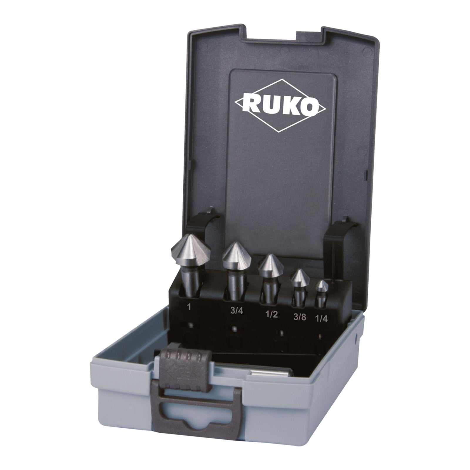 RUKO Kegel- und Entgratsenker Satz Form C 82° HSS in Zollabmessungen, in Kunststoffkassette - 5 tlg. - 102193RO