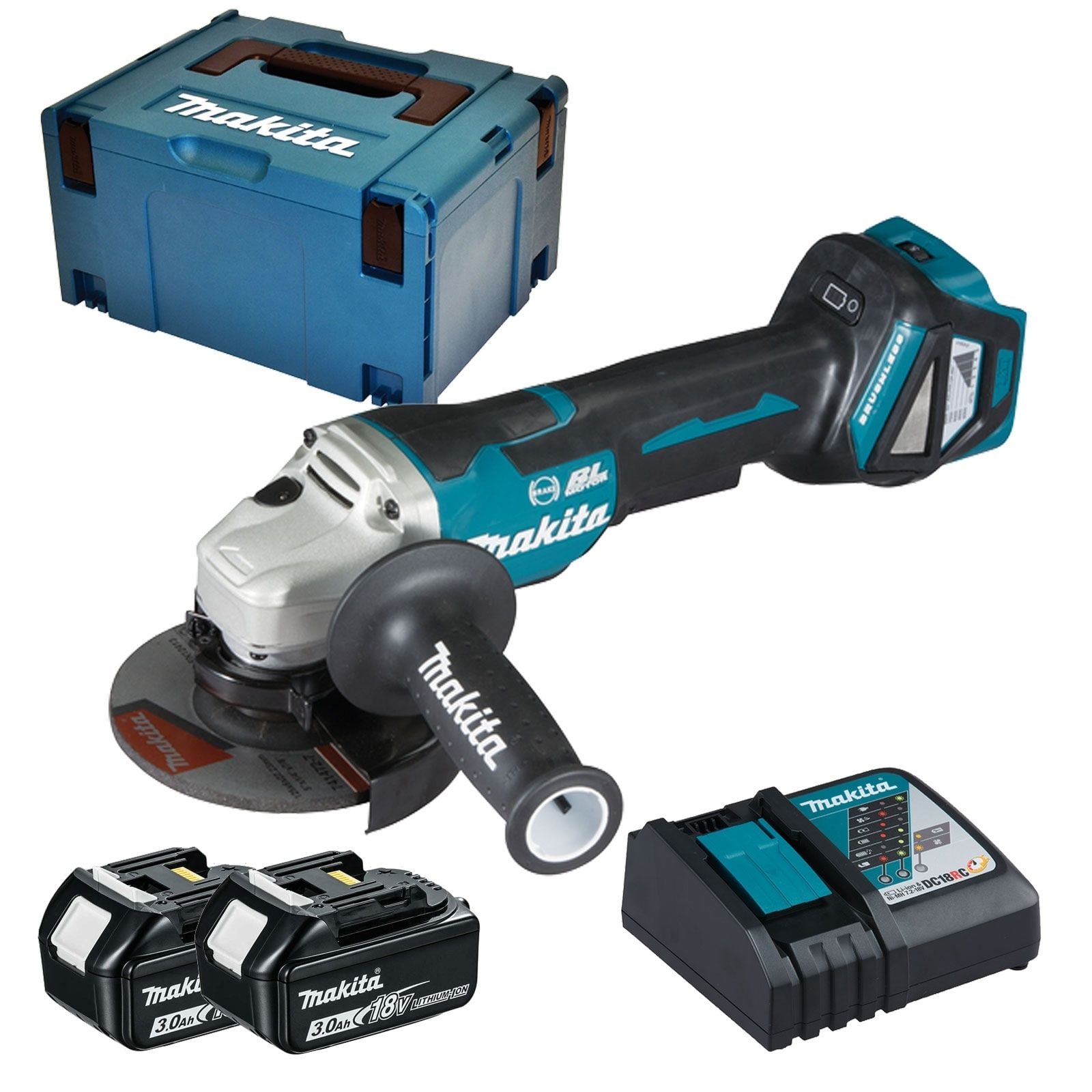 Makita DGA517RFJ Akku-Winkelschleifer Ø 125 mm 18 V / 2x 3,0 Akku + Ladegerät im Makpac