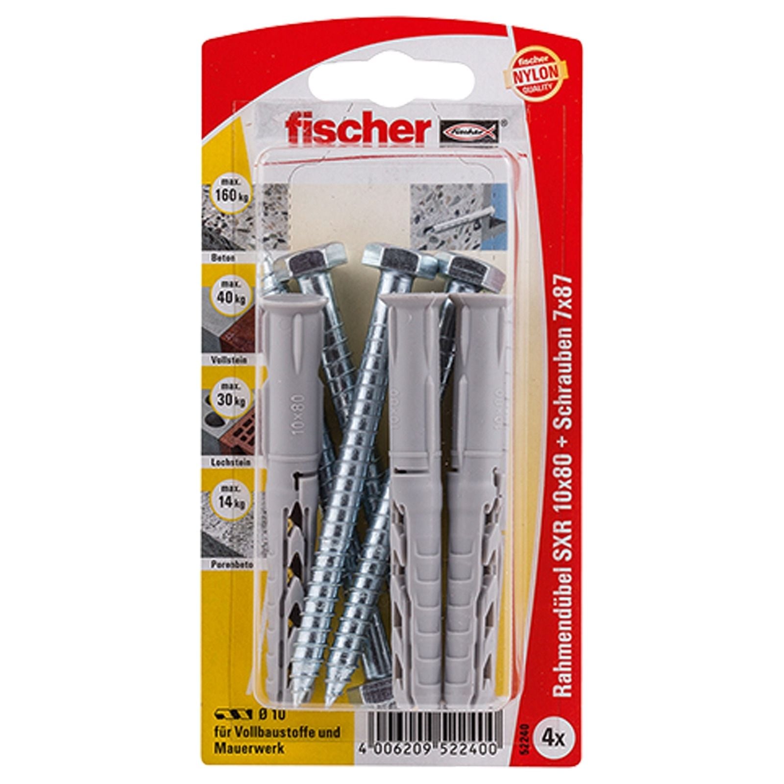 Fischer 4x Langschaftdübel SXR 10 x 80 SS Sechskantschraube - 52240