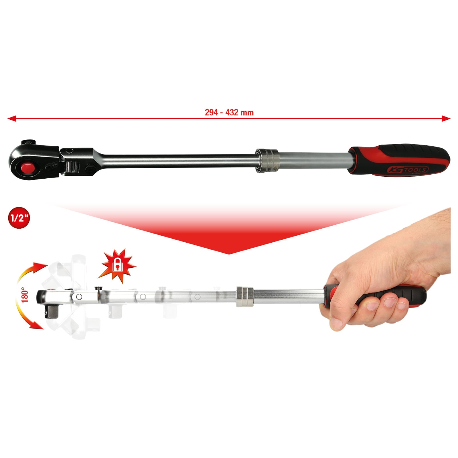 KS TOOLS 1/2" SlimPOWER Teleskop-Gelenk-Umschaltknarre 72 Zahn - 914.1220
