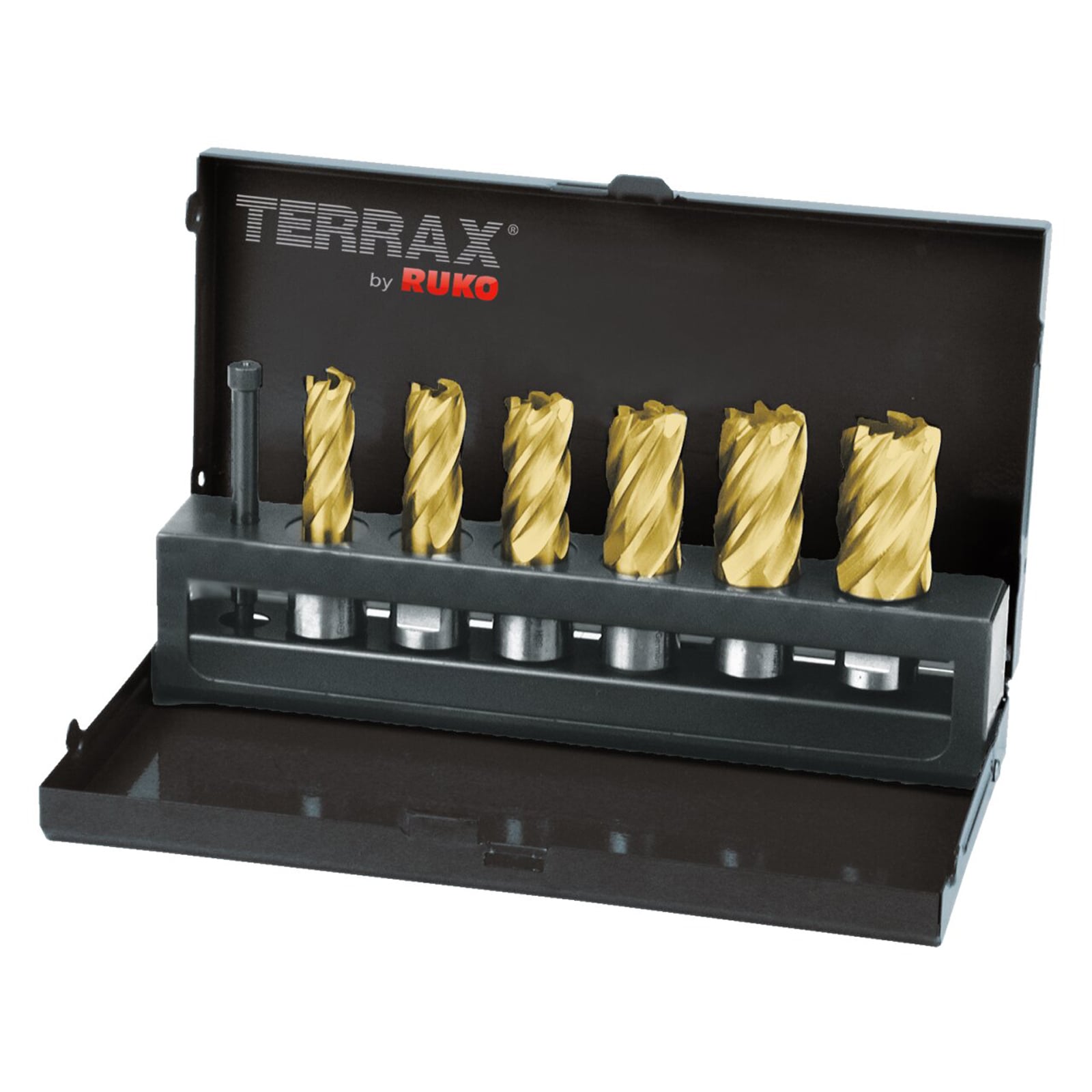 TERRAX by RUKO Kernbohrer-Satz HSS-TiN mit Weldonschaft (3/4") Schnitttiefe 30,0 mm - 7 tlg. (Kassette Stahlblech) - A108820T