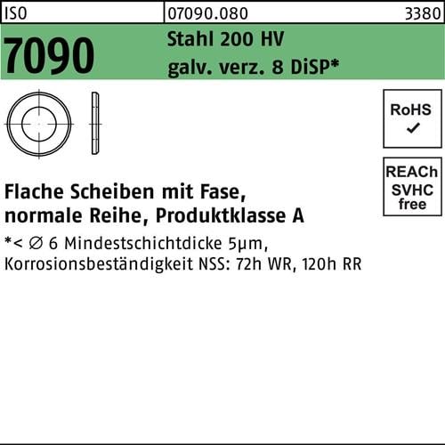 Unterlegscheibe ISO 7090 m.Fase 10 Stahl 200 HV galv.verz. 8 DiSP 500St.