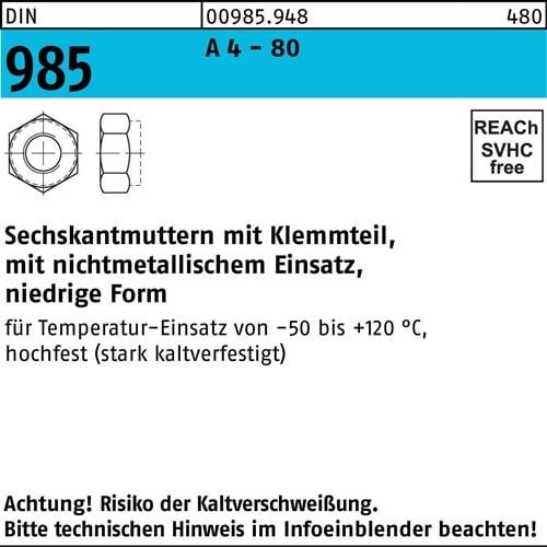 Sechskantmutter DIN 985 Klemmteil M5 A 4 - 80 1000 Stück