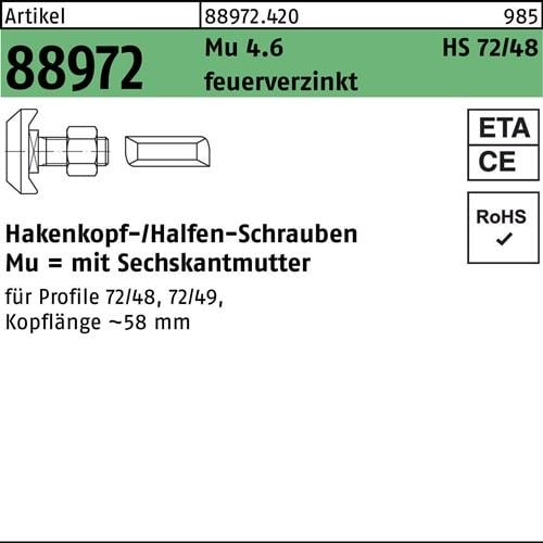 Hammerkopfschraube R 88972 Typ 72/48 M20x 50 Mu 4.6 feuerverz. 20St. HALFEN