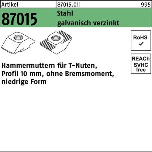 Hammerkopfmutter R 87015 o.Bremsmoment niedrig 10mm M8 Stahl galv.verz. 100St.