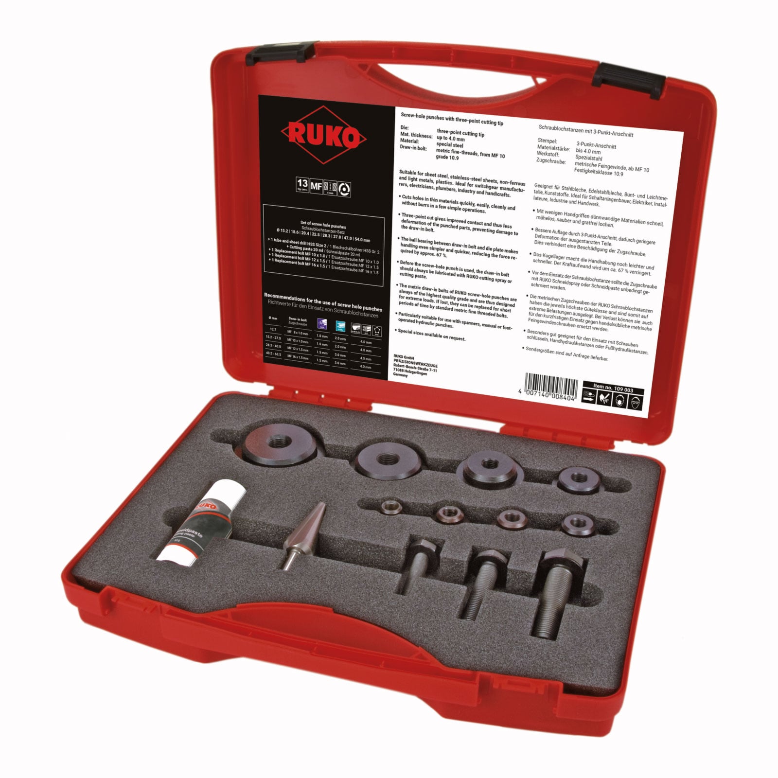 RUKO Schraublochstanzen-Satz im Kunststoffkoffer - 13 tlg. - 109003