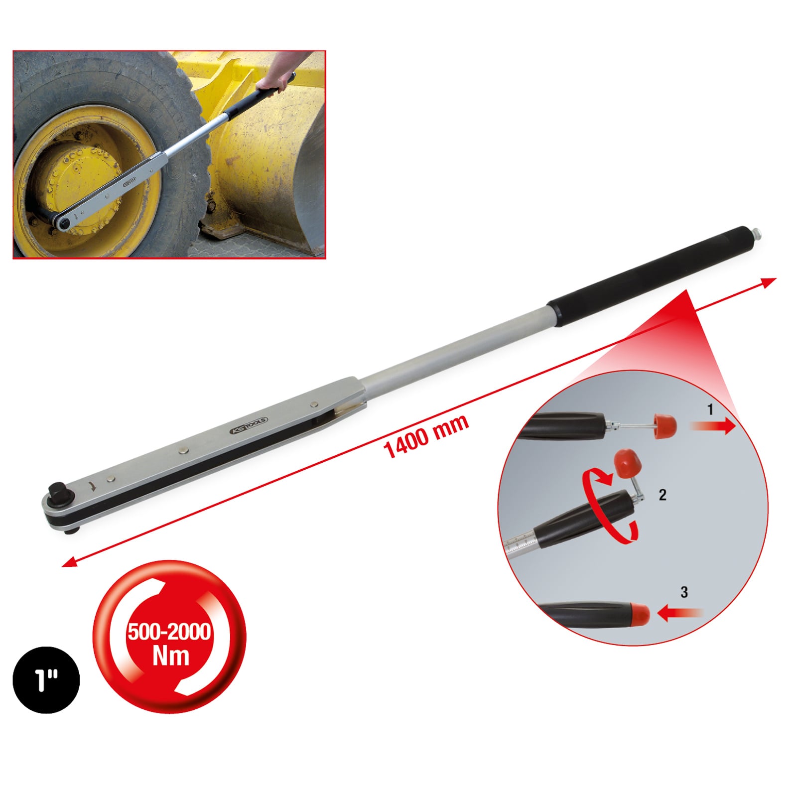 KS TOOLS 1" Kurzweg-Drehmomentschlüssel 500 - 2.000 Nm - 516.3555