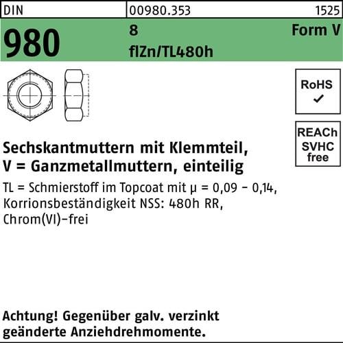 Sechskantmutter DIN 980 Klemmteil VM 8 8 zinklamellenbes. flZnnc 480h-L 500St.
