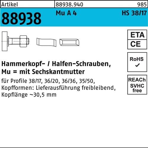 Hammerkopfschraube R 88938 38/17 6-ktmutter M16x 60 MuA 4 10St. HALFEN