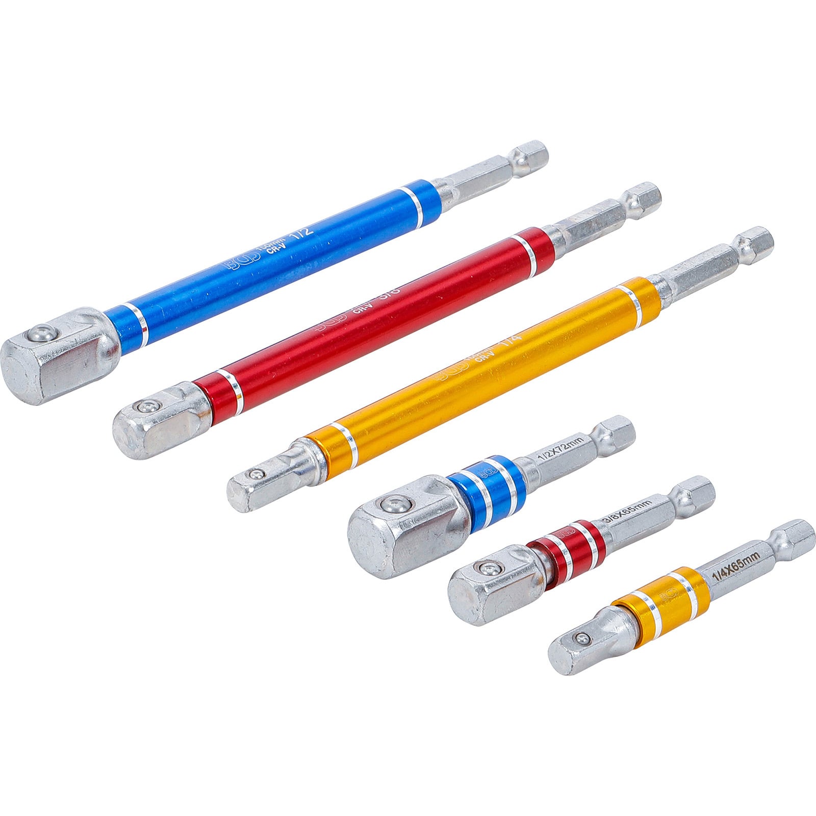 BGS Adapter-Satz für Bohrmaschinen farbig Antrieb Außensechskant 6,3 mm (1/4") Abtrieb Außenvierkant 6,3 mm (1/4") / 10 mm (3/8") / 12,5 mm (1/2") 75 - 150 mm 6tlg. - 74424