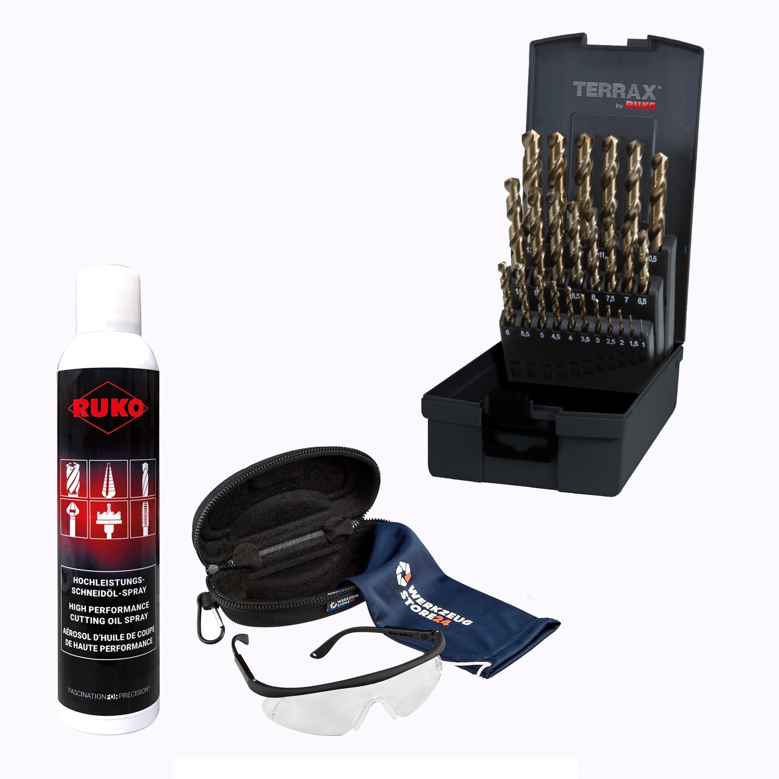 RUKO Maschinengewindebohrer-Satz HSS, 10tlg., M4–M10, DIN 371 Form B inkl. Spray & Schutzbrille - WZSA245055