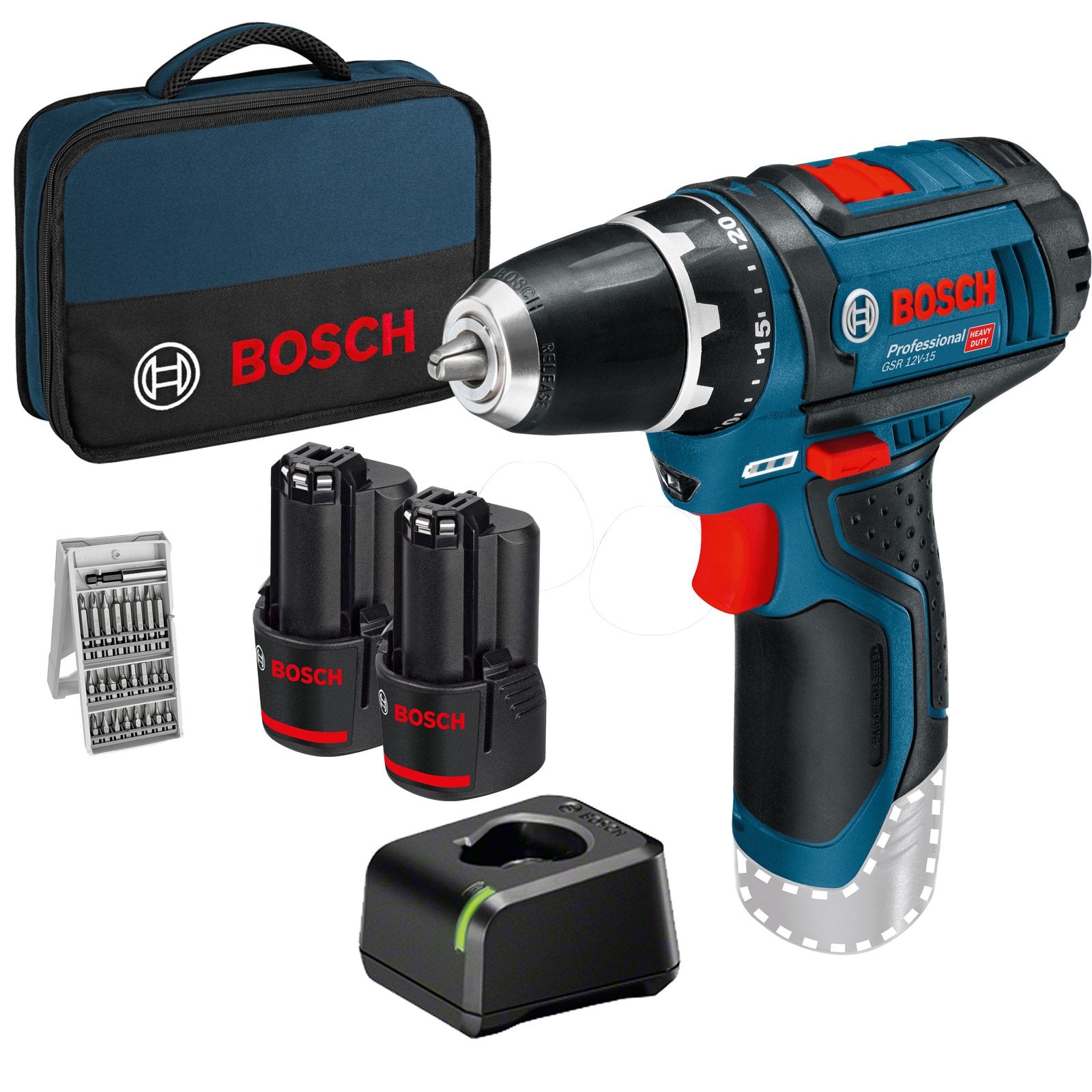 Bosch Akku-Bohrschrauber GSR 12V-15 / 2x 2,0 Ah Akku + Ladegerät inkl. Zubehör-Set im Softbag - 060186810H
