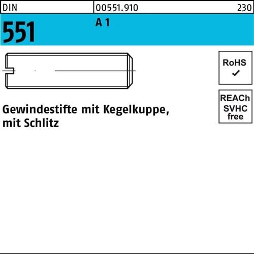 Gewindestift DIN 551 Kegelkuppe/Schlitz M6x 12 A1/1.4305 25 Stück