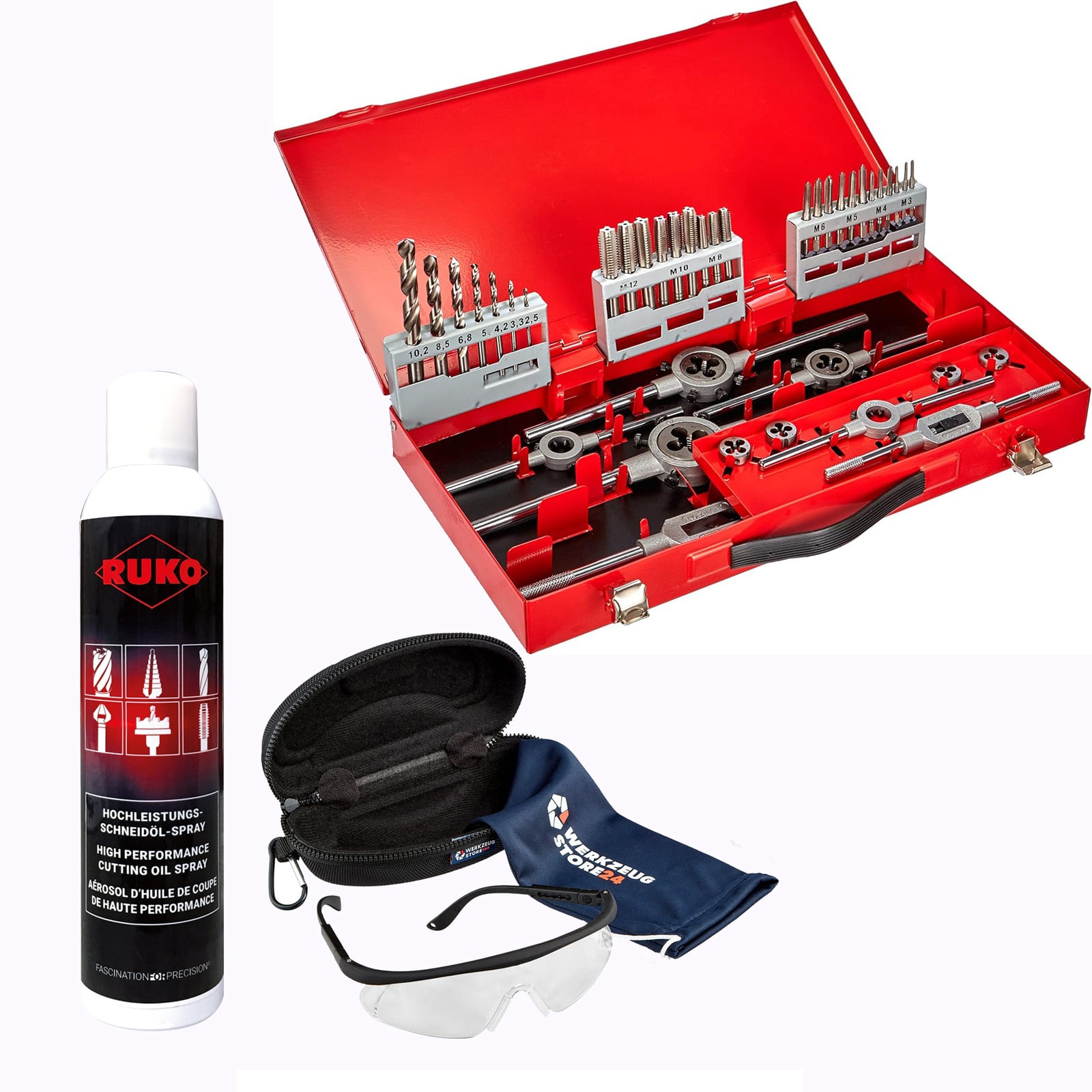 RUKO Gewindewerkzeugsatz HSS 245030 inkl. Spray & Schutzbrille - WZS245030