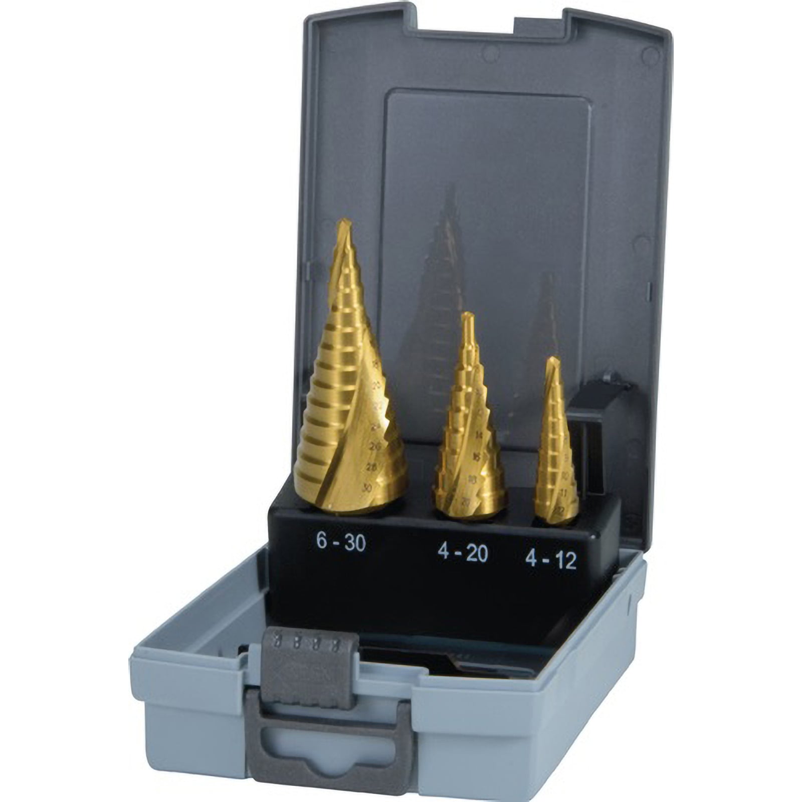 RUKO Stufenbohrersatz HSS-TiN spiralgenutet Gr. 0/9 / 1 / 2 3tlg. in Kunststoffkassette - 101026TRO