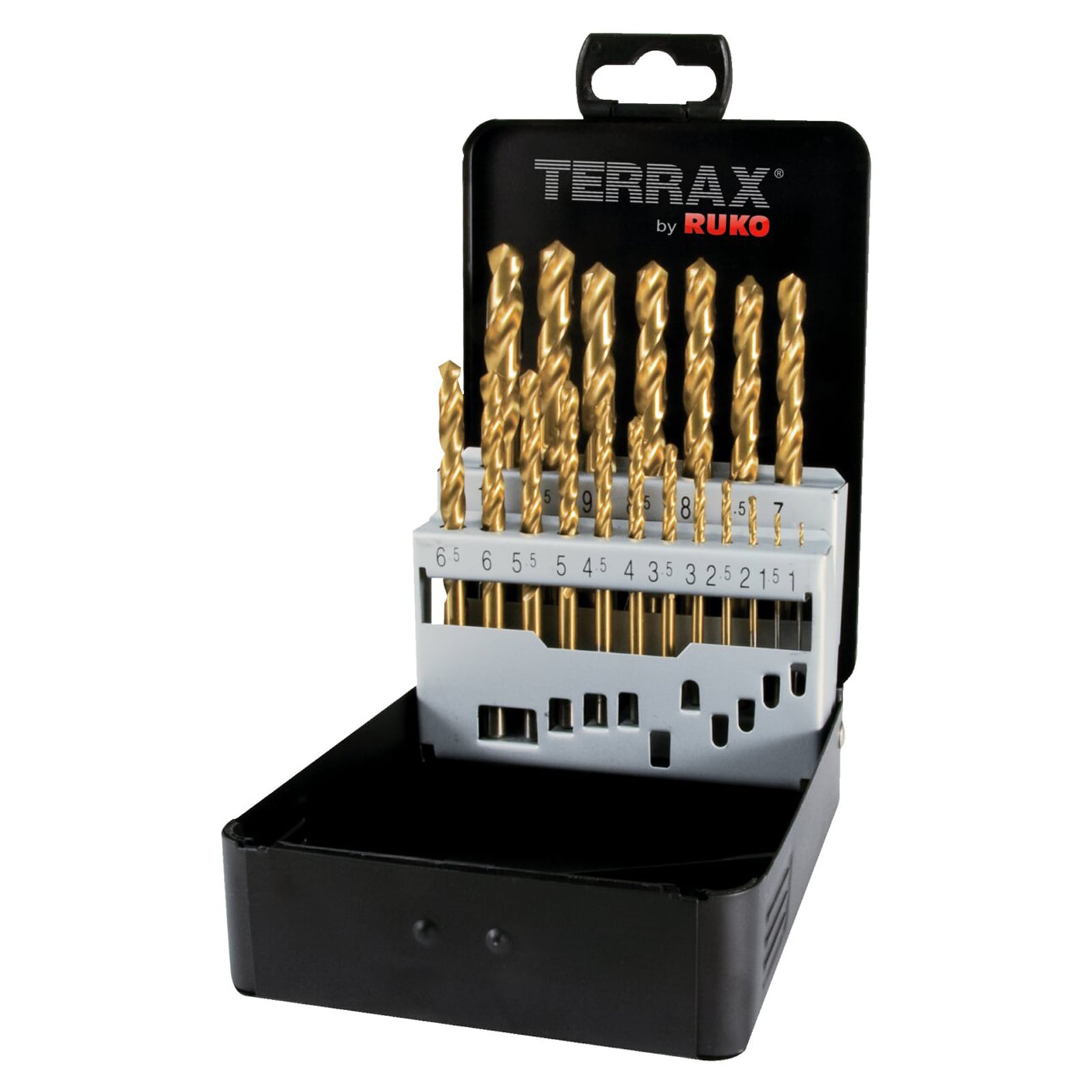 TERRAX by RUKO Spiralbohrer-Satz DIN 338 Typ N, HSS-G TiN - 19 tlg. (Kassette Stahlblech) - A250214T