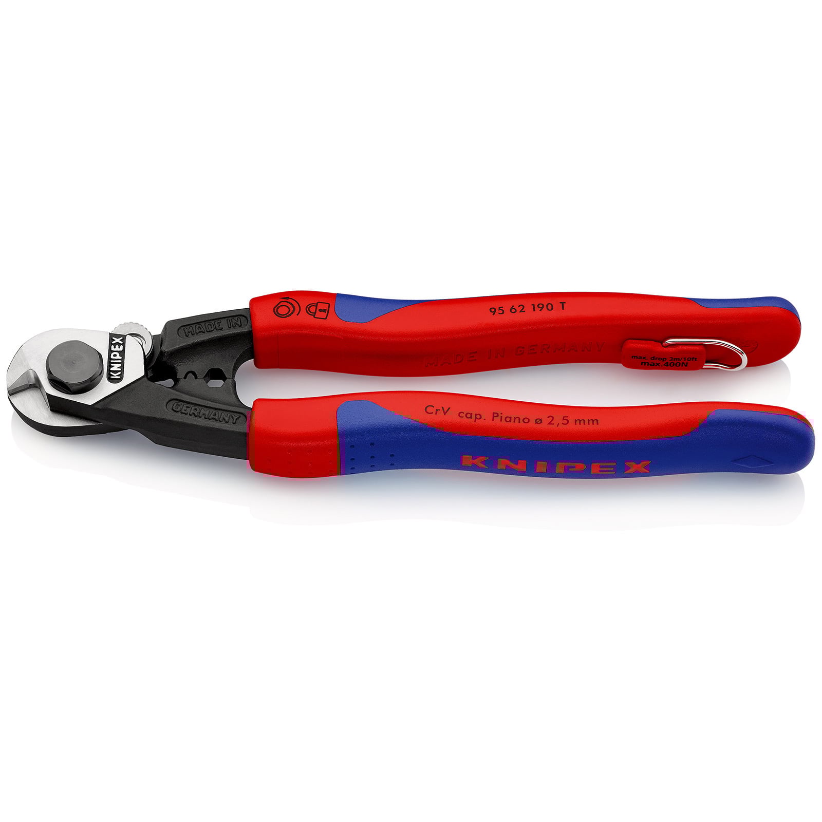 Knipex Drahtseilschere m Befestigungsöse mit Mehrkomponenten-Hüllen, mit integrierter Befestigungsöse zum Anbringen einer Absturzsicherung 190 mm - 9562190TBK