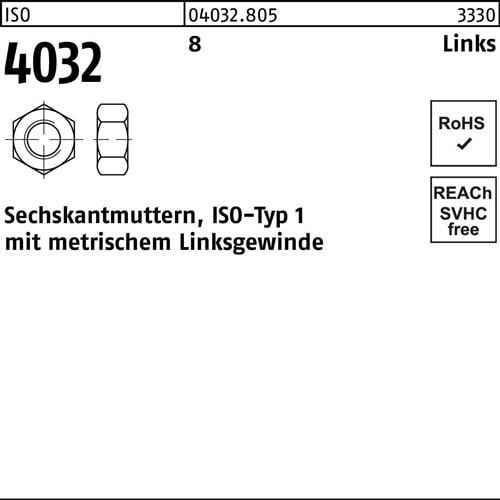 Sechskantmutter ISO 4032 links M6 -LH 8 100 Stück